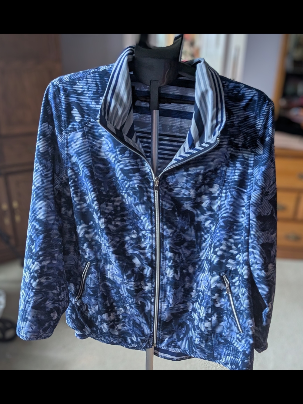 Blue Floral Utility Jacket with Striped Collar.  Completely Reversible!